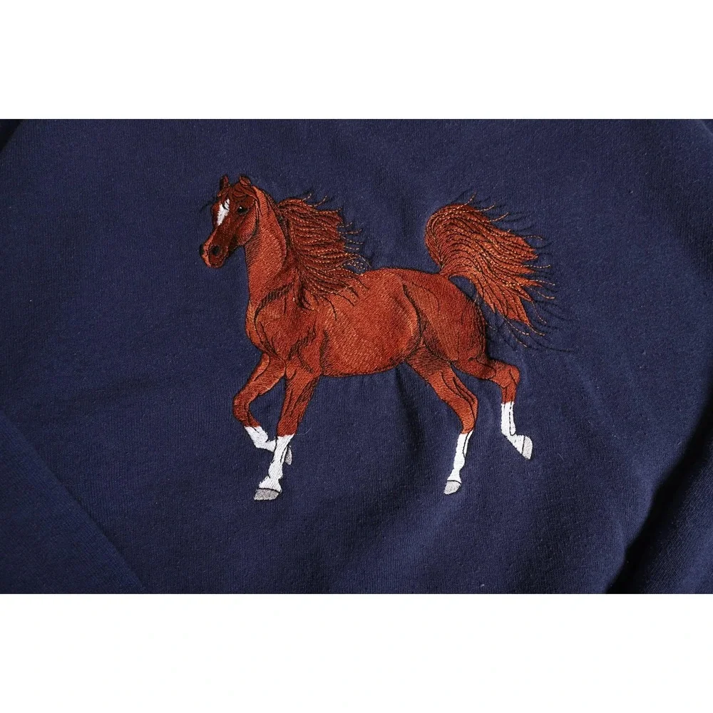 Vintage Navy Blue Horse Embroidery Crewneck Sweatshirt Equestrian Pullover